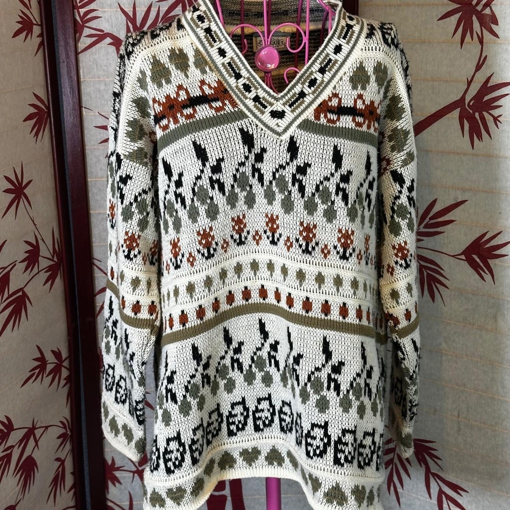 VTG Croquet Club Fair Isle Knit V Neck‎ Sweater Long Sleeve Cream Multi Color L